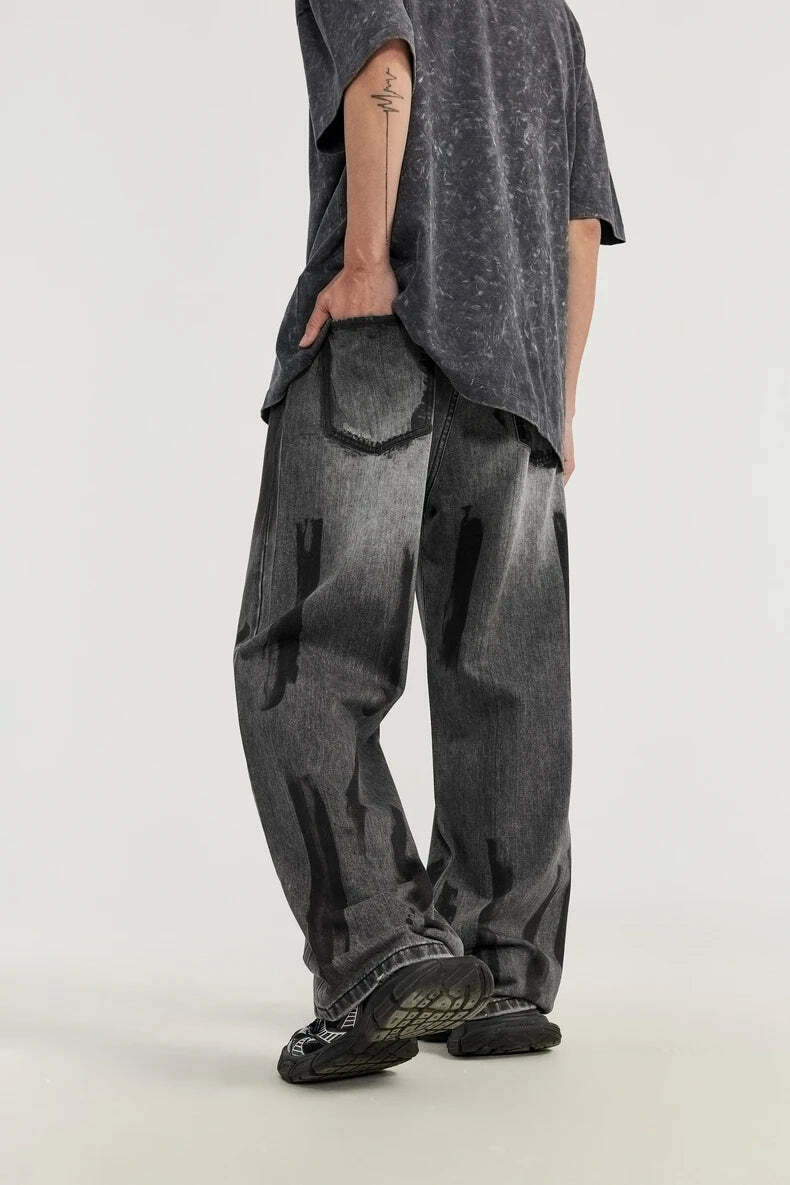 Y2K Aesthetic Paint Stripe Faded Baggy Jeans - Vintage Style Denim for Women Y2K Aesthetic Paint Stripe Faded Baggy Jeans - Vintage Style Denim for Women