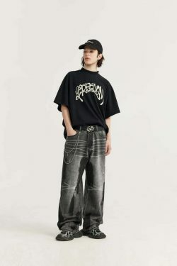 Y2K Aesthetic Paint Stripe Faded Baggy Jeans - Vintage Style Denim for Women