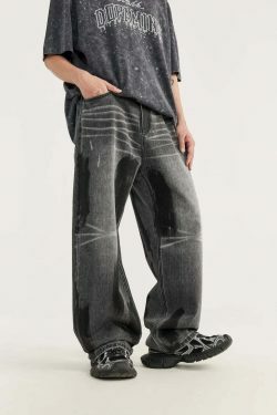 Y2K Aesthetic Paint Stripe Faded Baggy Jeans - Vintage Style Denim for Women