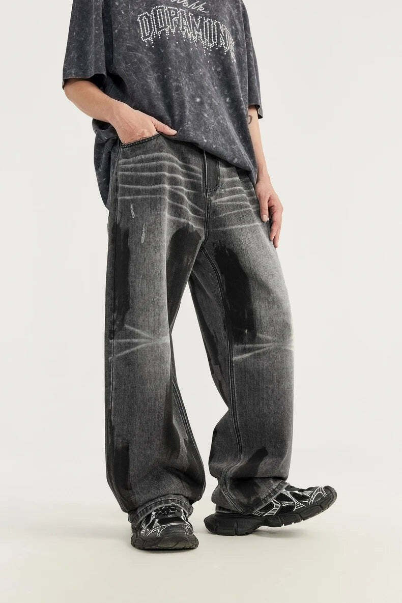 Y2K Aesthetic Paint Stripe Faded Baggy Jeans - Vintage Style Denim for Women Y2K Aesthetic Paint Stripe Faded Baggy Jeans - Vintage Style Denim for Women