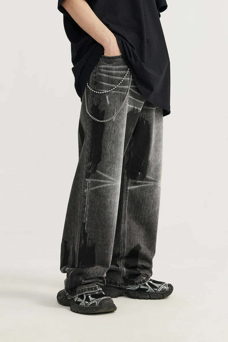 Y2K Aesthetic Paint Stripe Faded Baggy Jeans - Vintage Style Denim for Women Y2K Aesthetic Paint Stripe Faded Baggy Jeans - Vintage Style Denim for Women