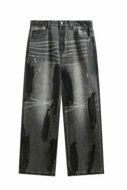 Y2K Aesthetic Paint Stripe Faded Baggy Jeans - Vintage Style Denim for Women