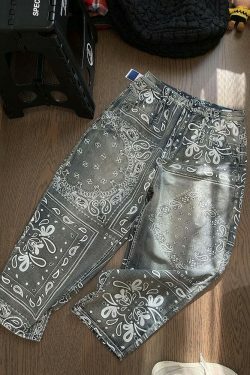Y2K Aesthetic Paisley Baggy Jeans: Coquette Style with Grunge & Pastel Goth Vibes