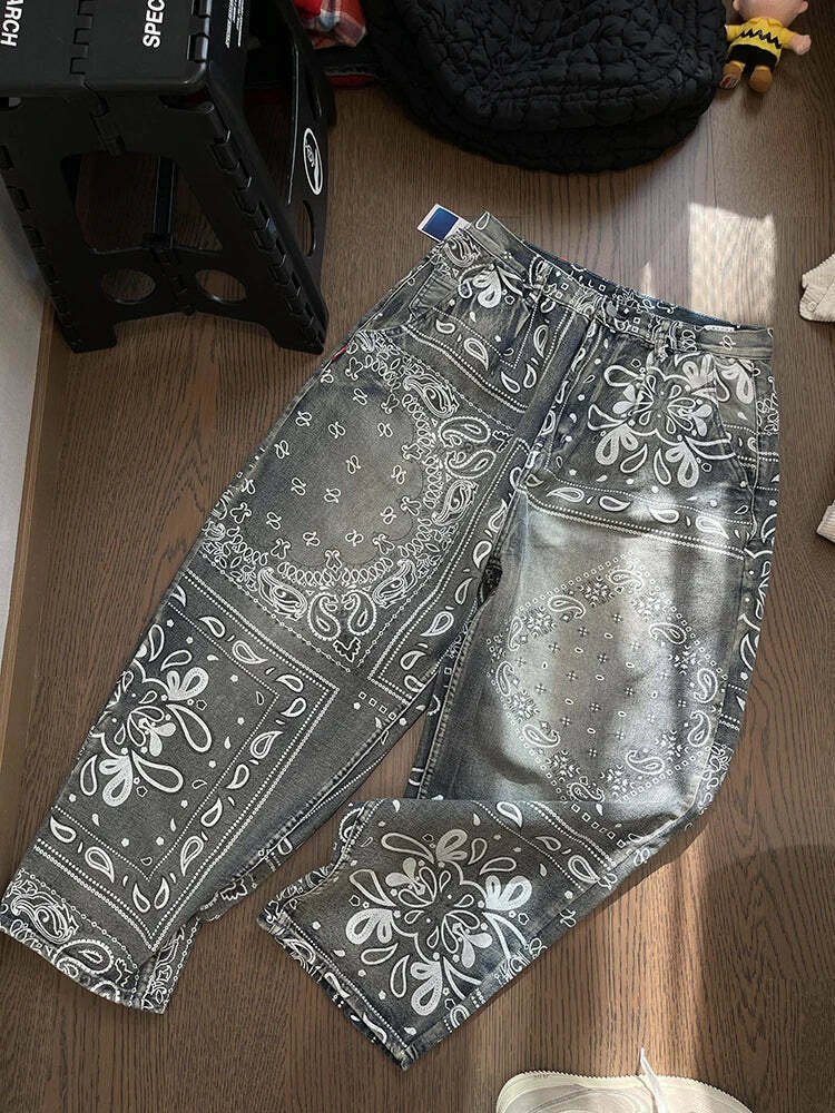 Y2K Aesthetic Paisley Baggy Jeans: Coquette Style with Grunge & Pastel Goth Vibes Y2K Aesthetic Paisley Baggy Jeans: Coquette Style with Grunge & Pastel Goth Vibes