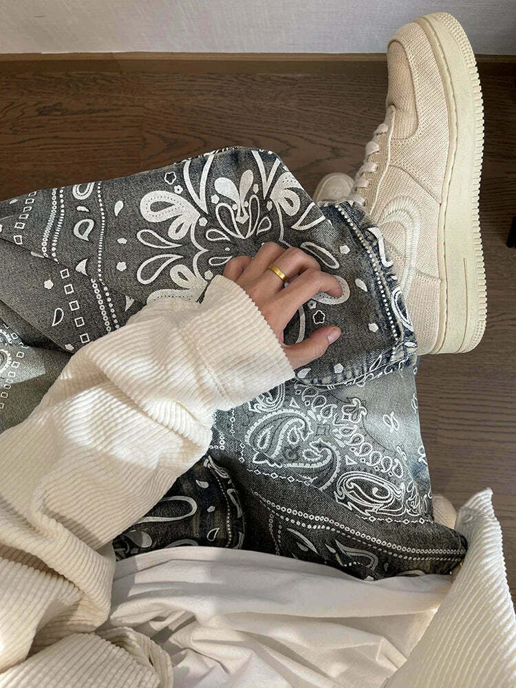Y2K Aesthetic Paisley Baggy Jeans: Coquette Style with Grunge & Pastel Goth Vibes Y2K Aesthetic Paisley Baggy Jeans: Coquette Style with Grunge & Pastel Goth Vibes