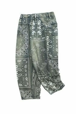 Y2K Aesthetic Paisley Baggy Jeans: Coquette Style with Grunge & Pastel Goth Vibes