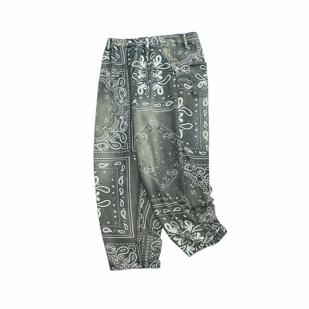 Y2K Aesthetic Paisley Baggy Jeans: Coquette Style with Grunge & Pastel Goth Vibes Y2K Aesthetic Paisley Baggy Jeans: Coquette Style with Grunge & Pastel Goth Vibes