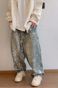 Y2K Aesthetic Paisley Baggy Jeans: Coquette Style with Grunge & Pastel Goth Vibes