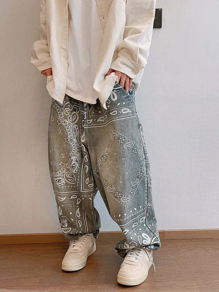 Y2K Aesthetic Paisley Baggy Jeans: Coquette Style with Grunge & Pastel Goth Vibes Y2K Aesthetic Paisley Baggy Jeans: Coquette Style with Grunge & Pastel Goth Vibes