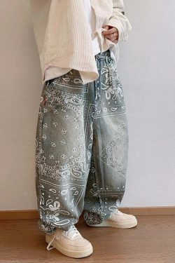 Y2K Aesthetic Paisley Baggy Jeans: Coquette Style with Grunge & Pastel Goth Vibes