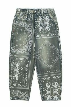 Y2K Aesthetic Paisley Baggy Jeans: Coquette Style with Grunge & Pastel Goth Vibes