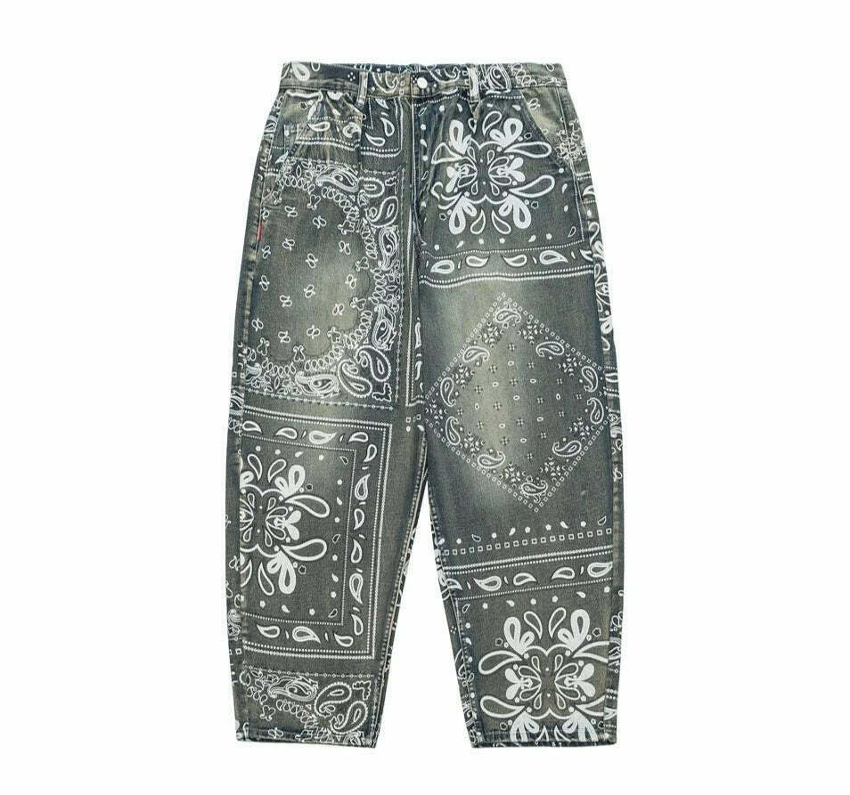 Y2K Aesthetic Paisley Baggy Jeans: Coquette Style with Grunge & Pastel Goth Vibes Y2K Aesthetic Paisley Baggy Jeans: Coquette Style with Grunge & Pastel Goth Vibes