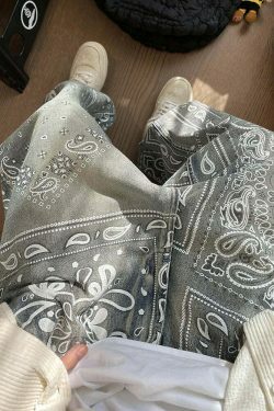 Y2K Aesthetic Paisley Baggy Jeans: Coquette Style with Grunge & Pastel Goth Vibes