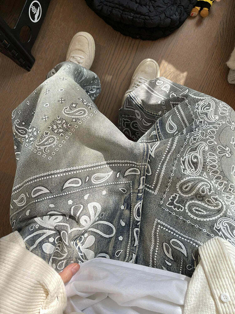 Y2K Aesthetic Paisley Baggy Jeans: Coquette Style with Grunge & Pastel Goth Vibes Y2K Aesthetic Paisley Baggy Jeans: Coquette Style with Grunge & Pastel Goth Vibes