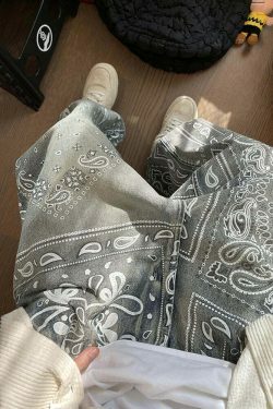 Y2K Aesthetic Paisley Baggy Jeans: Coquette Style with Grunge & Pastel Goth Vibes