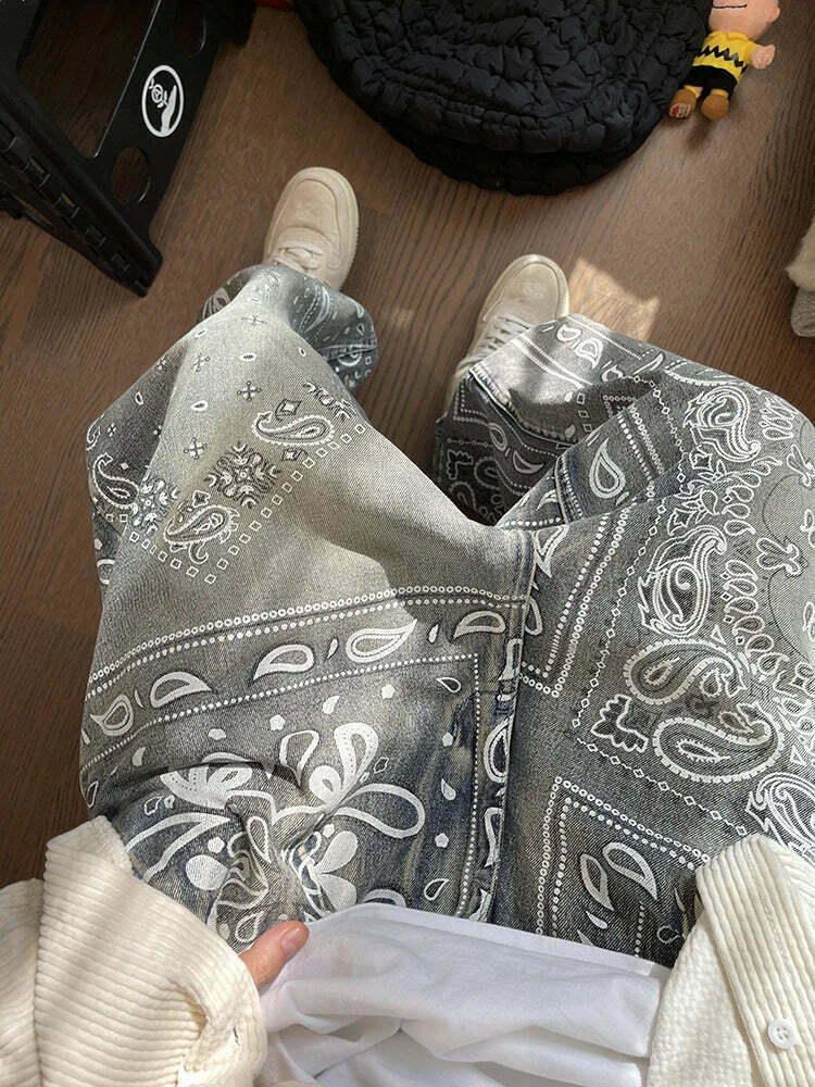 Y2K Aesthetic Paisley Baggy Jeans: Coquette Style with Grunge & Pastel Goth Vibes Y2K Aesthetic Paisley Baggy Jeans: Coquette Style with Grunge & Pastel Goth Vibes