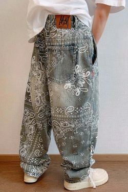 Y2K Aesthetic Paisley Baggy Jeans: Coquette Style with Grunge & Pastel Goth Vibes