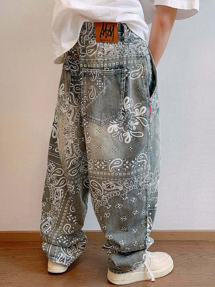 Y2K Aesthetic Paisley Baggy Jeans: Coquette Style with Grunge & Pastel Goth Vibes Y2K Aesthetic Paisley Baggy Jeans: Coquette Style with Grunge & Pastel Goth Vibes