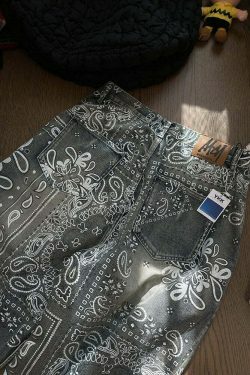 Y2K Aesthetic Paisley Baggy Jeans: Coquette Style with Grunge & Pastel Goth Vibes
