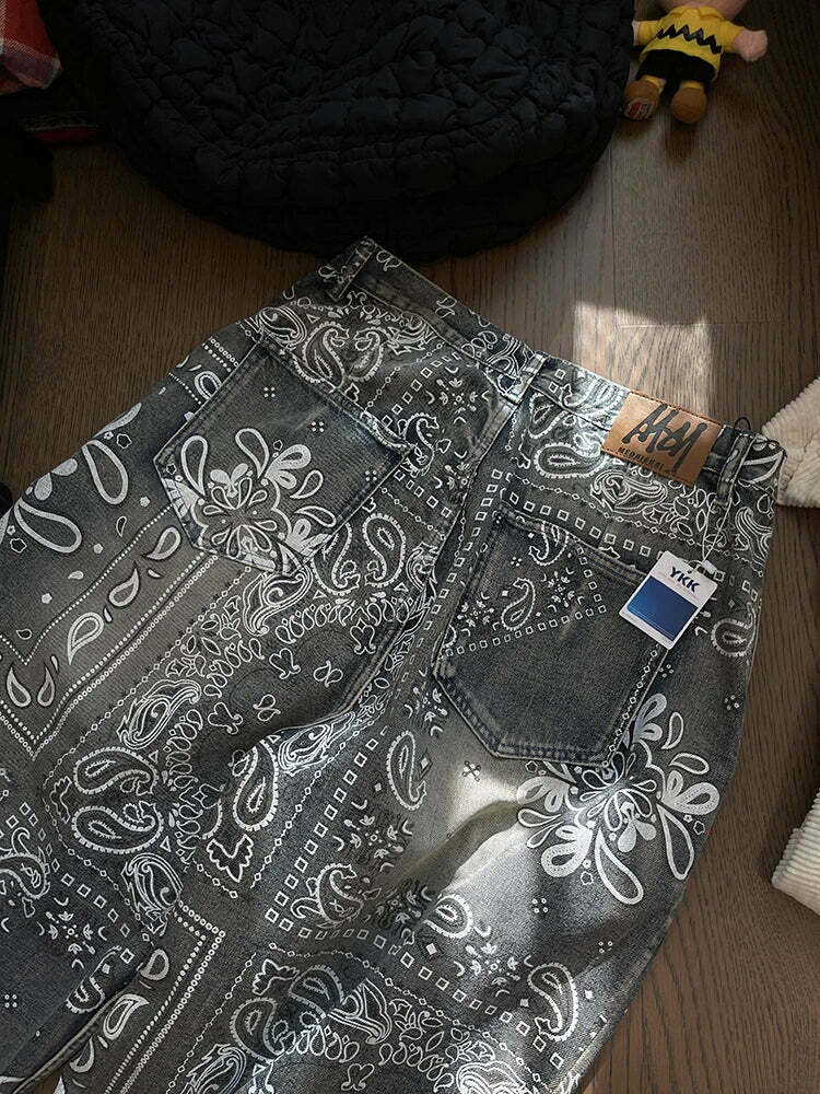 Y2K Aesthetic Paisley Baggy Jeans: Coquette Style with Grunge & Pastel Goth Vibes Y2K Aesthetic Paisley Baggy Jeans: Coquette Style with Grunge & Pastel Goth Vibes