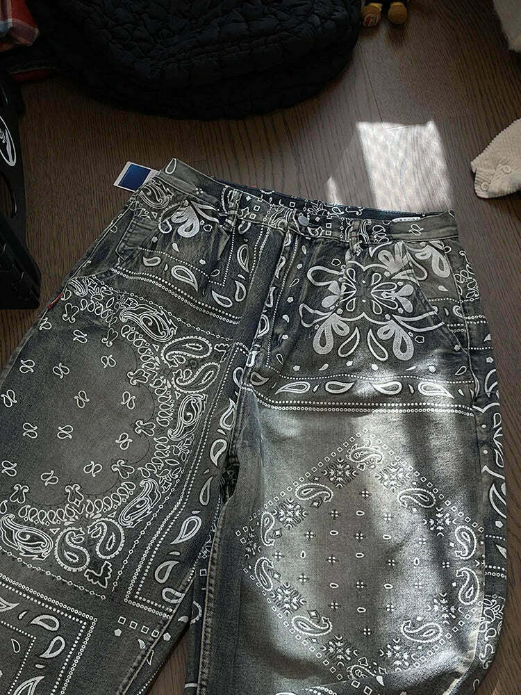 Y2K Aesthetic Paisley Baggy Jeans: Coquette Style with Grunge & Pastel Goth Vibes Y2K Aesthetic Paisley Baggy Jeans: Coquette Style with Grunge & Pastel Goth Vibes