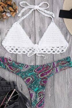 Y2K Aesthetic Paisley Crochet Bandage Bikini for Women - Coquette & Grunge Style Fashion