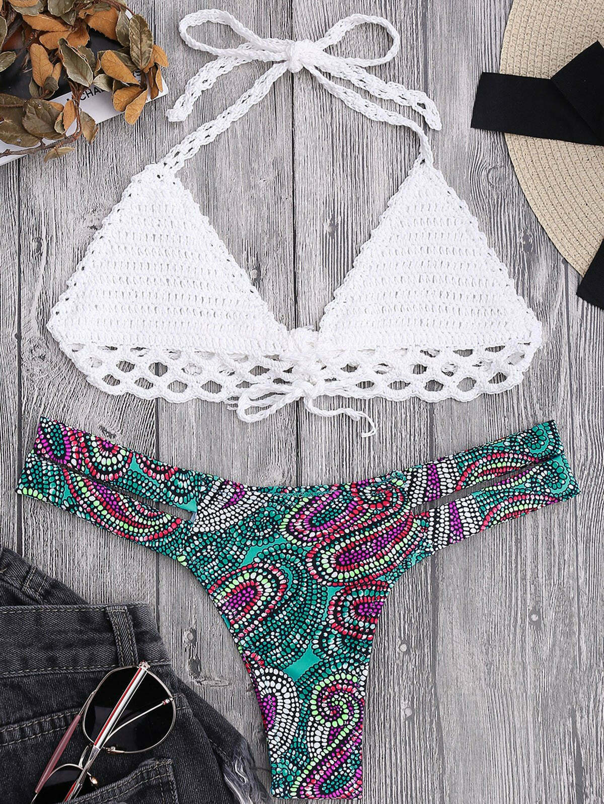 Y2K Aesthetic Paisley Crochet Bandage Bikini for Women - Coquette & Grunge Style Fashion