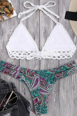 Y2K Aesthetic Paisley Crochet Bandage Bikini for Women - Coquette & Grunge Style Fashion