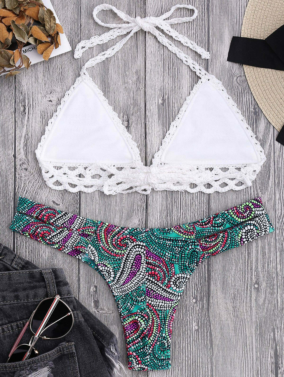 Y2K Aesthetic Paisley Crochet Bandage Bikini for Women - Coquette & Grunge Style Fashion