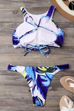 Y2K Aesthetic Palm High Neck Thong Bikini Set - Retro Coquette Style Swimsuit for Women