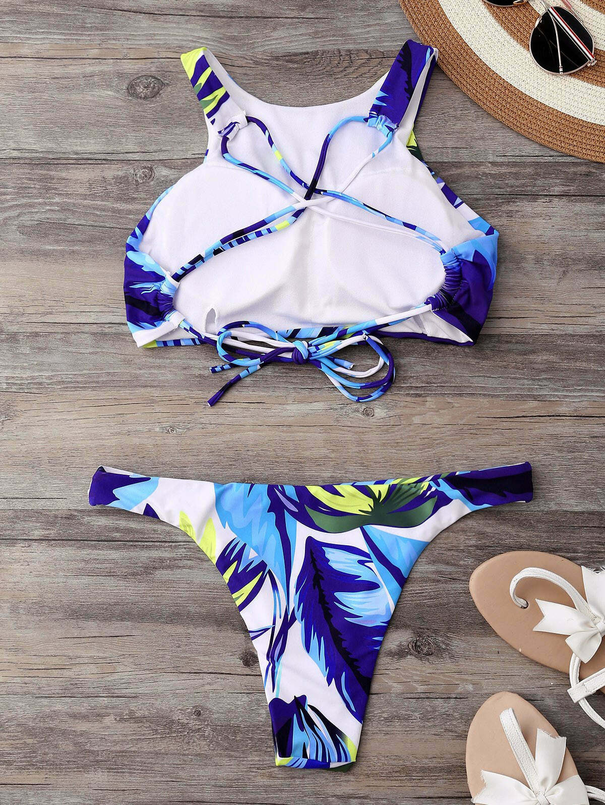 Y2K Aesthetic Palm High Neck Thong Bikini Set - Retro Coquette Style Swimsuit for Women Y2K Aesthetic Palm High Neck Thong Bikini Set - Retro Coquette Style Swimsuit for Women