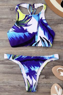 Y2K Aesthetic Palm High Neck Thong Bikini Set - Retro Coquette Style Swimsuit for Women