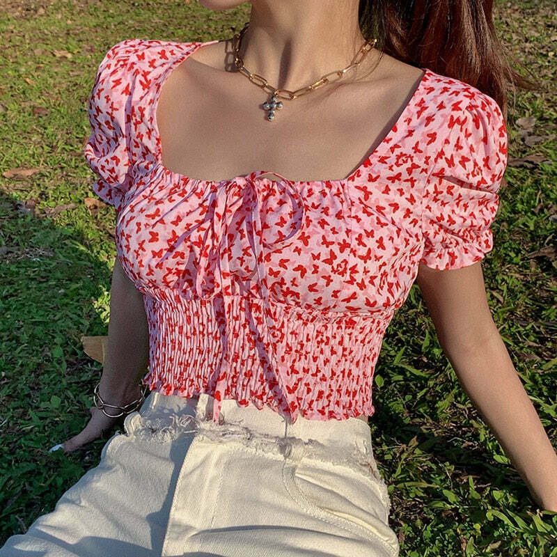 Y2K Aesthetic Pandora Ruched Tie-Up Crop Top - Coquette Style Grunge Fashion for Women Y2K Aesthetic Pandora Ruched Tie-Up Crop Top - Coquette Style Grunge Fashion for Women