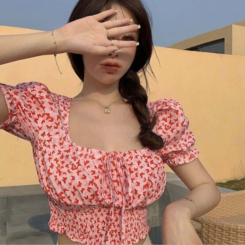 Y2K Aesthetic Pandora Ruched Tie-Up Crop Top - Coquette Style Grunge Fashion for Women Y2K Aesthetic Pandora Ruched Tie-Up Crop Top - Coquette Style Grunge Fashion for Women