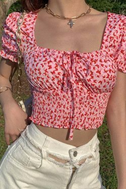 Y2K Aesthetic Pandora Ruched Tie-Up Crop Top - Coquette Style Grunge Fashion for Women