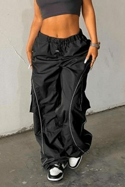 Y2K Aesthetic Parachute Cargo Pants with Piping Detail - Size Friendly Women's Fashion