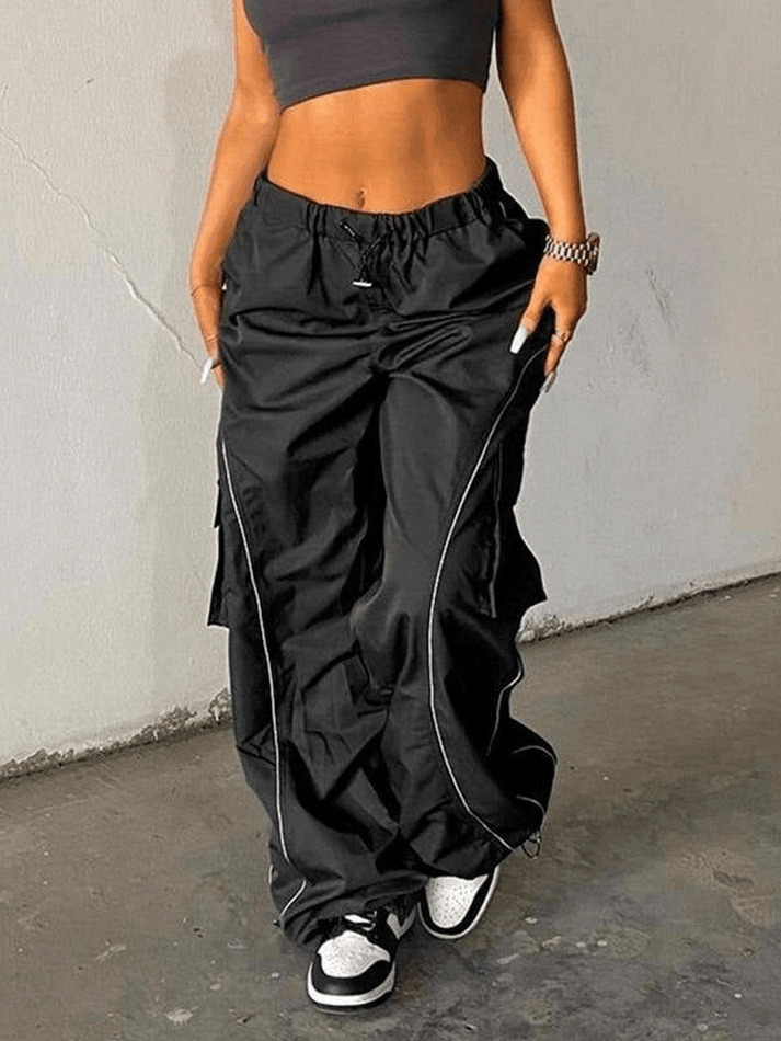 Y2K Aesthetic Parachute Cargo Pants with Piping Detail - Size Friendly Women's Fashion