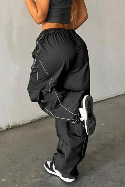 Y2K Aesthetic Parachute Cargo Pants with Piping Detail - Size Friendly Women's Fashion