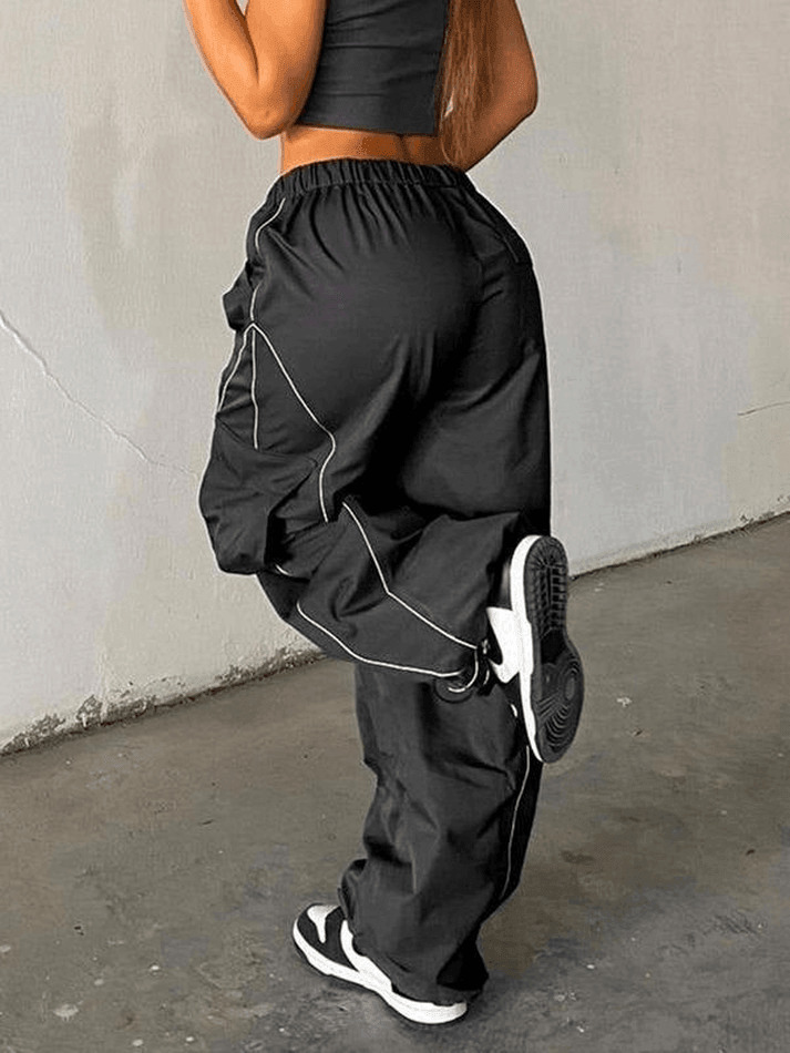 Y2K Aesthetic Parachute Cargo Pants with Piping Detail - Size Friendly Women's Fashion
