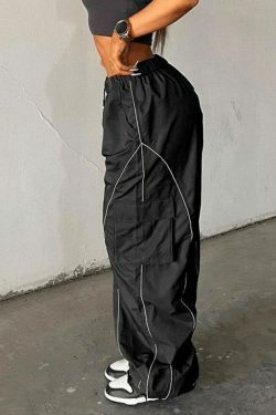 Y2K Aesthetic Parachute Cargo Pants with Piping Detail - Size Friendly Women's Fashion
