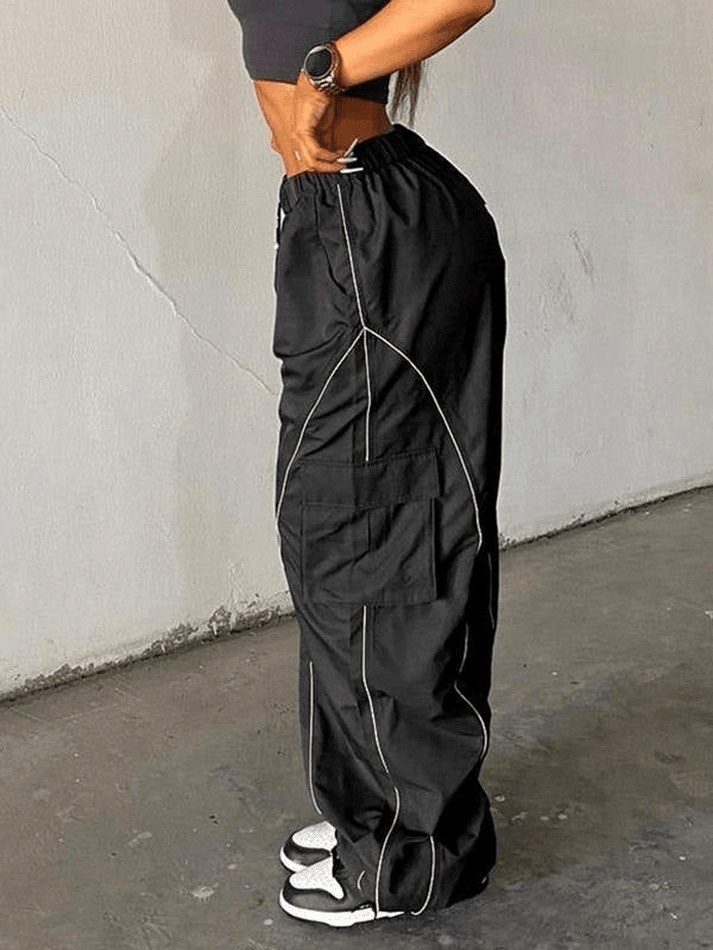 Y2K Aesthetic Parachute Cargo Pants with Piping Detail - Size Friendly Women's Fashion