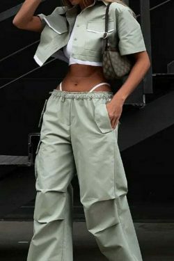 Y2K Aesthetic Parachute Pants Set with Ultra-Short Shirt - Niche Women's Fashion