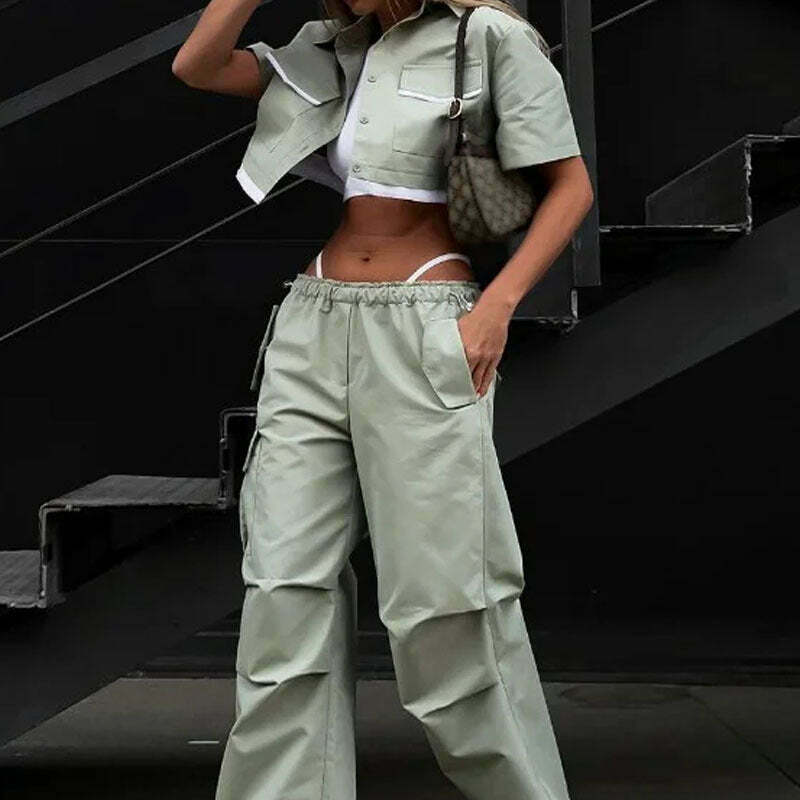Y2K Aesthetic Parachute Pants Set with Ultra-Short Shirt - Niche Women's Fashion