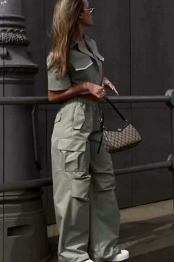 Y2K Aesthetic Parachute Pants Set with Ultra-Short Shirt - Niche Women's Fashion