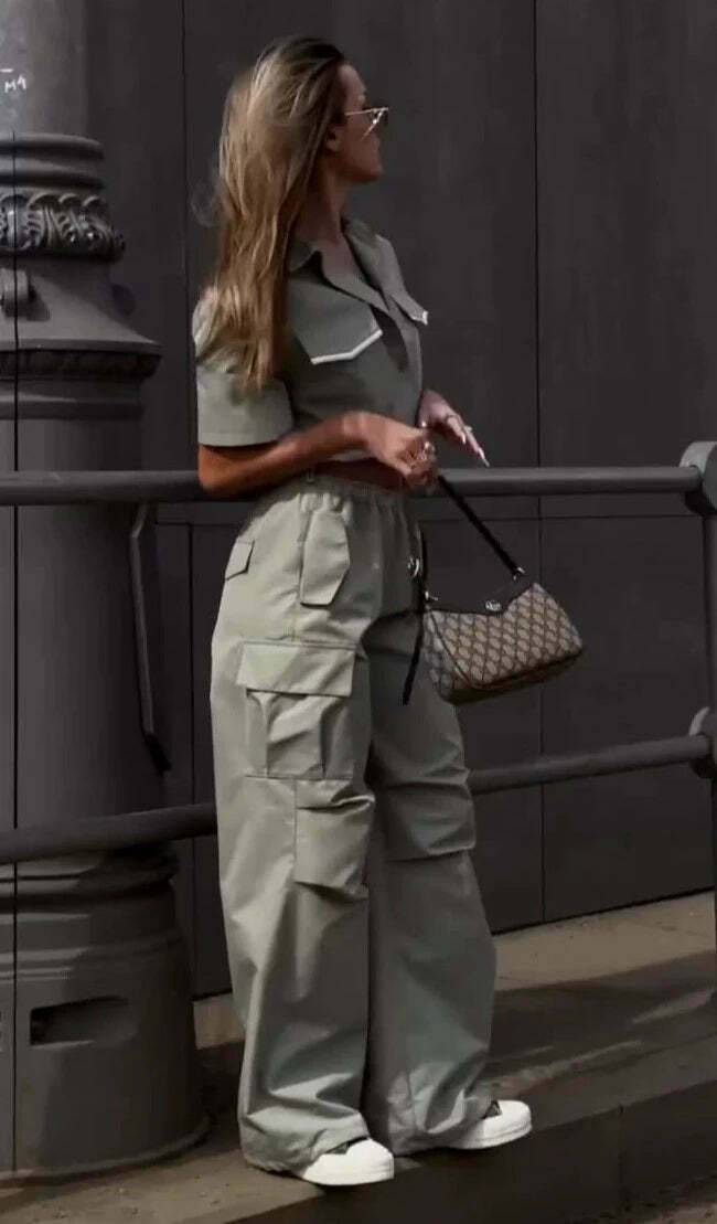 Y2K Aesthetic Parachute Pants Set with Ultra-Short Shirt - Niche Women's Fashion