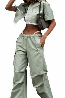 Y2K Aesthetic Parachute Pants Set with Ultra-Short Shirt - Niche Women's Fashion