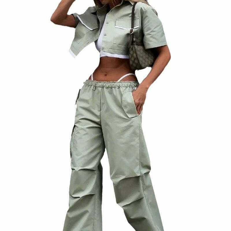 Y2K Aesthetic Parachute Pants Set with Ultra-Short Shirt - Niche Women's Fashion