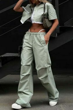 Y2K Aesthetic Parachute Pants Set with Ultra-Short Shirt - Niche Women's Fashion