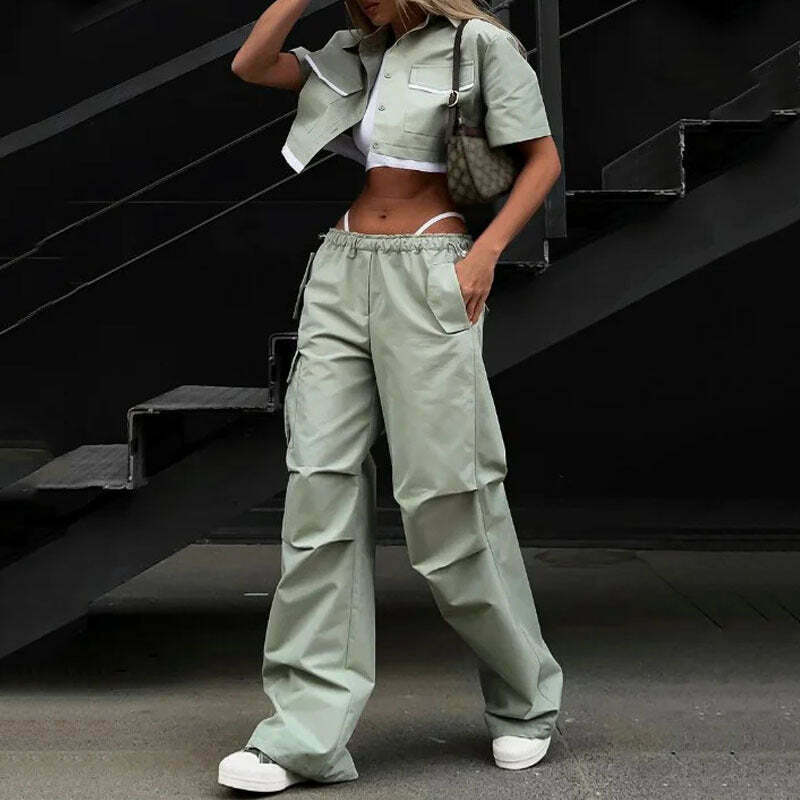 Y2K Aesthetic Parachute Pants Set with Ultra-Short Shirt - Niche Women's Fashion