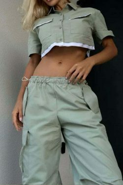 Y2K Aesthetic Parachute Pants Set with Ultra-Short Shirt - Niche Women's Fashion